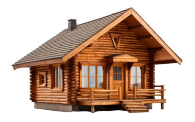 A small log cabin with a porch and stairs nestled in a peaceful setting