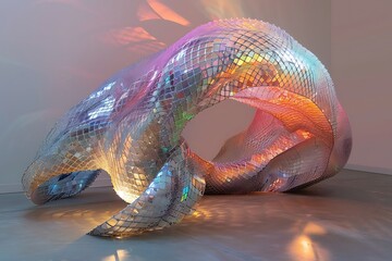 : A monolithic structure composed of interlocking, iridescent scales shimmers in the soft glow emanating from within.