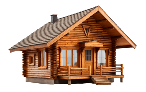 A small log cabin with a porch and stairs nestled in a peaceful setting