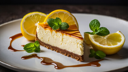 delicious cheesecake with lemon on the table tasty