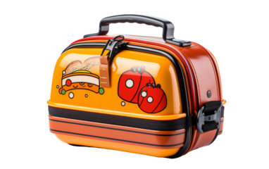 A vibrant yellow and red suitcase with a charming ladybug design