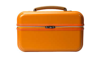 A vibrant orange suitcase resting on a clean white surface