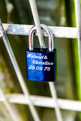 Blue Love Lock With Names and Date - obrazy, fototapety, plakaty