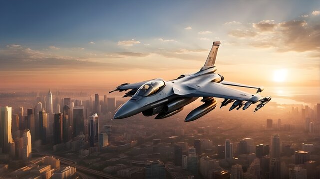 "An F16 jet fighter, with great speed, flying over cities at sunset. The jet is depicted with meticulous detail, capturing its sleek design and powerful engines. The cities below are illuminated by th
