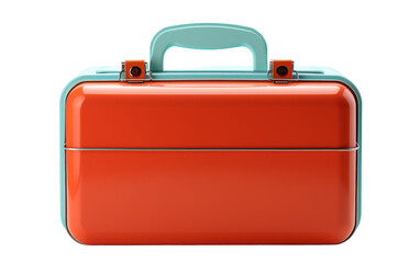 An orange suitcase with a blue handle standing boldly on a white background