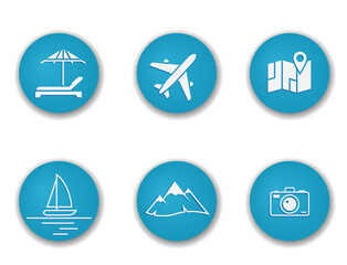 travel round icons. mountain, plane, map and sailing yacht. vector color illustration for tourism design