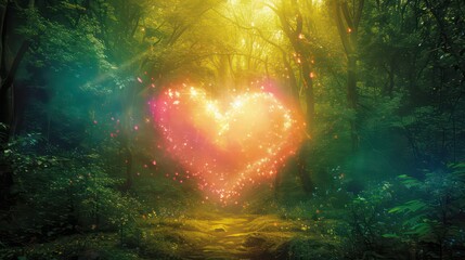 Spring background. Colorful fantasy heart, light beam, green forest field