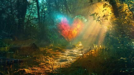Spring background. Colorful fantasy heart, light beam, green forest field