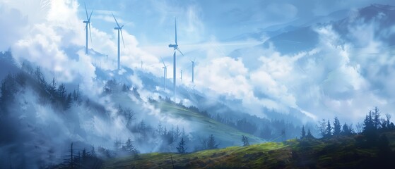 Wind generators on a cloudy ridge. Alternative ecologically clean energy
