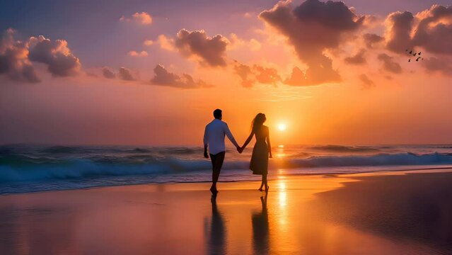 Romantic silhouette of a couple walking hand in hand on the beach at sunset, embracing the beauty of nature together. Seamless looping 4k timelapse virtual video animation background generated AI