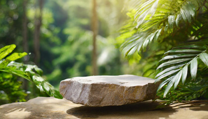 Gray stone podium, table top outdoors with tropical forest. Green leaves. Blurred natural backdrop.