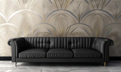 focus on a black sofa, neutral beige silver and gold art-deco wallpaper. highly texture