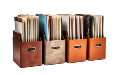 A stack of colorful folders neatly arranged in a metal bin