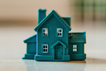 A deep teal miniature house, radiating calmness and attractiveness, set on a pure ivory surface.