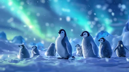 Fototapeten Under the spellbinding aurora, penguins on an ice floe experience the magic of the polar winter's night. © Furyfazia