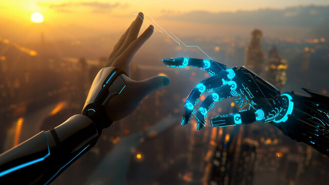 A high-definition image capturing the moment a robot hand with fine mechanical joints and blue luminescent lines meets a human hand 