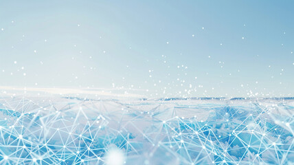 A minimalist abstract panorama with icy blue dots linked by pure white triangles, giving off a frozen, crystalline vibe against a clear winter sky. The connections form intricate patterns 