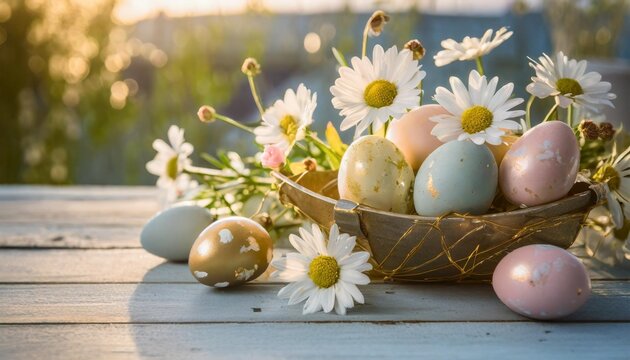easter holiday decoration with daisy flowers and painted eggs on wooden blue table