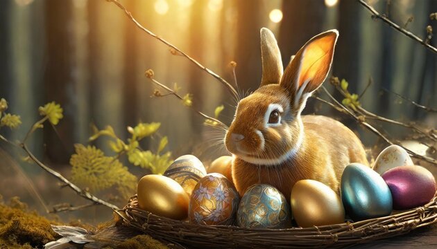 happy easter eggs easter bunny 4k hdd images for wallpaper and easter wishes easter bunny and colored eggs in the forest on a dark background