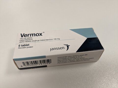Prague,Czech republic- April 4 2024: Vermox box of medication with active substance Mebendazol made by pharmaceutical company Janssen 
