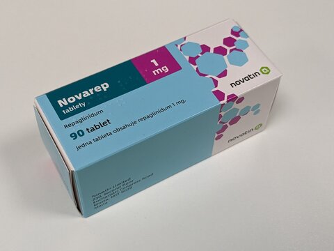 Prague,Czech republic- April 4 2024: Novarep box of medication with active substance Repaglinidum made by pharmaceutical company Novatin ,diabetes treatment