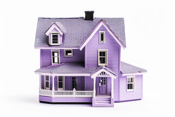 A sophisticated lavender-colored miniature house, exuding a sense of calm and tranquility, isolated on a pure white background.