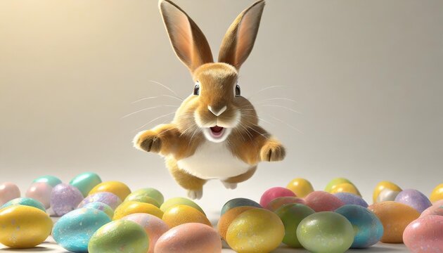 happy cute adorable cartoon easter bunny jumping out of many colorful easter eggs on plain background soft light vibrant colors