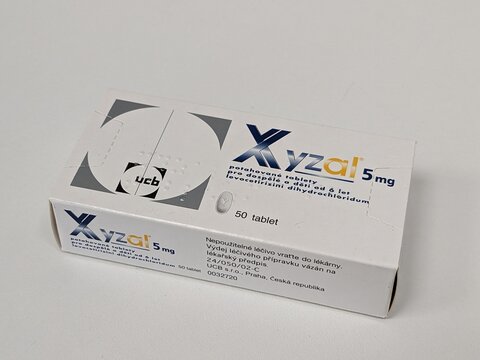 Prague,Czech republic- April 4 2024:XYZAL box of medication with LEVOCETIRIZINE active substance made by UCB Pharma pharmaceutical company ,allergy relief treatment