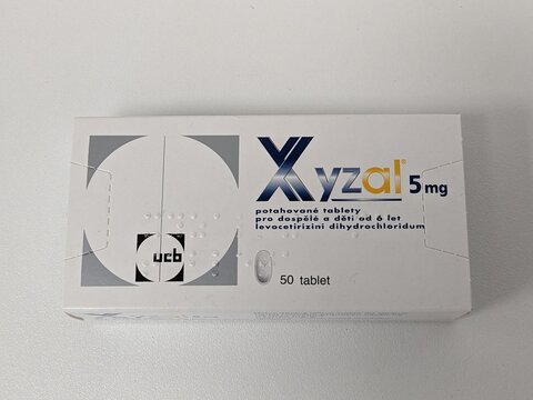 Prague,Czech republic- April 4 2024:XYZAL box of medication with LEVOCETIRIZINE active substance made by UCB Pharma pharmaceutical company ,allergy relief treatment