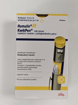 Prague,Czech republic &ndash;March 29 2024 :Humulin R human insulin rDNA 100 IU solution for subcutaneous or intravenous injection in cartridge used in diabetic patients, regular insulin (human recombinant)