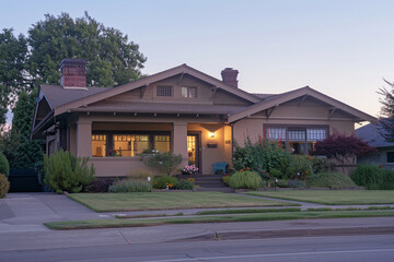 Fototapeta na wymiar Early evening's calm descending on a taupe Craftsman style house, the suburban environment shifting from active to peaceful, warm light fading from the sky