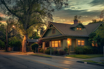 Gentle dawn illuminating a soft green Craftsman style house, suburban street peaceful and empty, the promise of a new day hanging in the cool air - obrazy, fototapety, plakaty