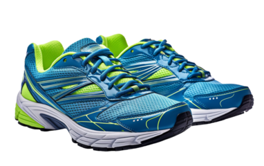 A dynamic pair of blue and green running shoes ready for action