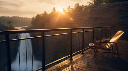 View from high up wooden deck, waterfall, single lounge chair, railings, golden hour