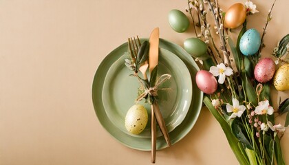 easter concept top view photo of green plate with colorful easter eggs cutlery and easter bouquet on isolated pastel beige background