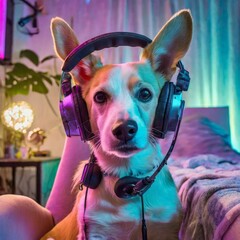 Cute jack russell mix dog wearing a gaming headset
