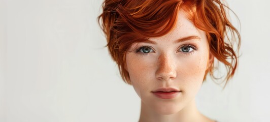 Red-haired girl with short hair on a white background, model appearance - obrazy, fototapety, plakaty