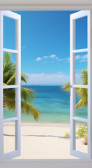 View of tropical beach, visible through open window, vertical aspect