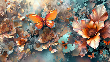 Fototapeta na wymiar A captivating 3D masterpiece with abstract flowers and butterflies, forming an intricate wallpaper