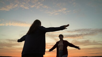 Girls friends hugging at sunset in park, silhouettes. Happy smiling girls women acquaintance...