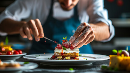 A chef skillfully plating a dessert masterpiece, with a backdrop of a deep navy-blue wall adding a touch of sophistication to the vibrant hotel kitchen. - obrazy, fototapety, plakaty