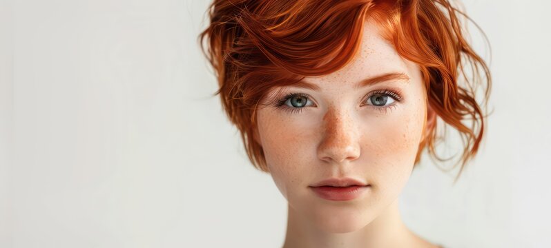 Red-haired girl with short hair on a white background, model appearance