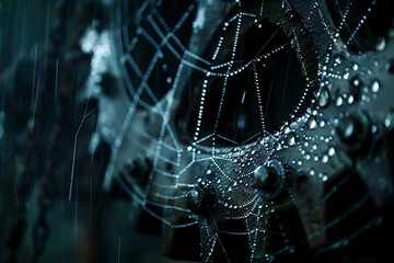 : A spiderweb strung across a massive gear, catching dewdrops that shimmer like gemstones.