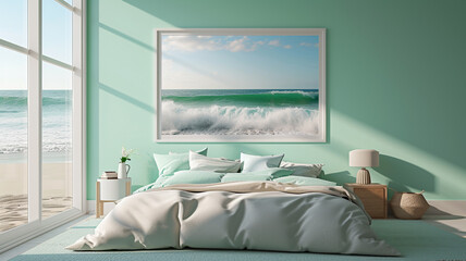 A modern coastal bedroom with walls in soft seafoam green, highlighting an empty frame mockup against a backdrop of sandy beaches and crashing waves.