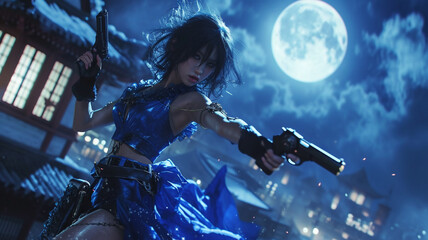 Fototapeta na wymiar A moonlit rooftop scene, the girl dressed in royal blue, wielding dual pistols, her hair flowing in the wind as she maintains a deadly focus.