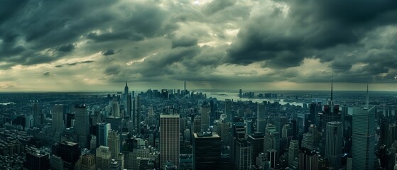 Cloudy stormy weather over a vast panoramic view of a city skyline