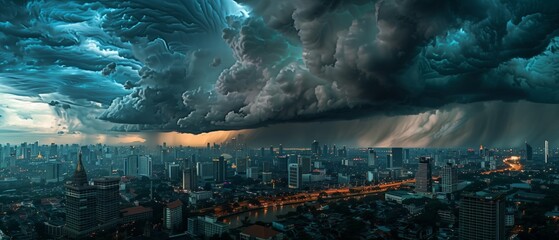 Cloudy stormy weather over a vast panoramic view of a city skyline