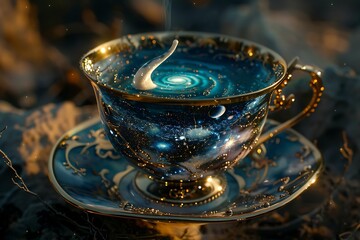 : A teacup overflowing with a swirling galaxy, its saucer holding a crescent moon. - obrazy, fototapety, plakaty