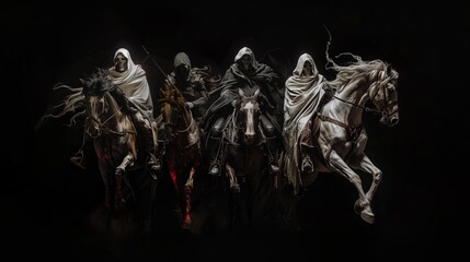 Four Horsemen of the Apocalypse on black background. A biblical illustration of end-time events