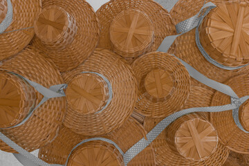 Set of brown straw hats summer headdress object background